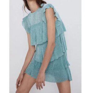 Zara Aqua Metallic Shimmer Ruffle Skirt matching top set Flapper 70S Scarface